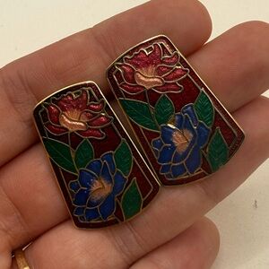 Vintage Floral Flowers Red Blue Cloisonné Earrings Jewelry Studs